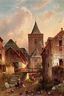 Charles Henri Joseph Leickert Famous Paintings - View In A German Village With Washerwomen